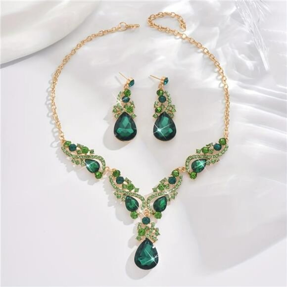 Green Necklace Earrings Dangle Drop Crystal Statement Wedding Bridal Jewelry Set - Picture 2 of 3